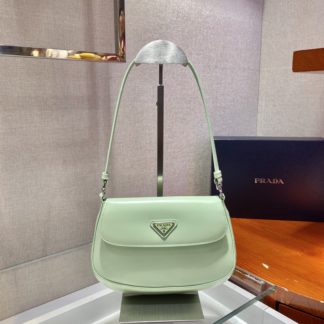 Prada Cleo Brushed Leather Shoulder Bag With Flap Bubble Green 1BD311